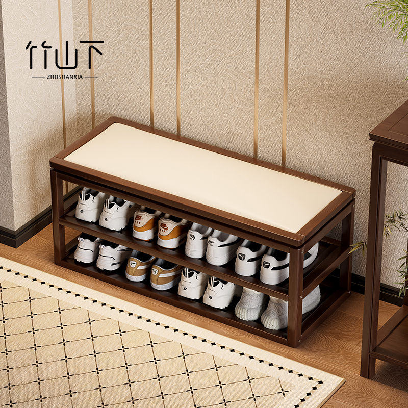 实木换鞋凳家用入户门口玄关鞋柜软包可坐穿鞋凳一体多层收纳鞋架