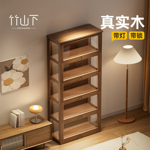 实木手办柜痛柜展示架带锁展示柜带灯透明亚克力模型柜落地陈列柜