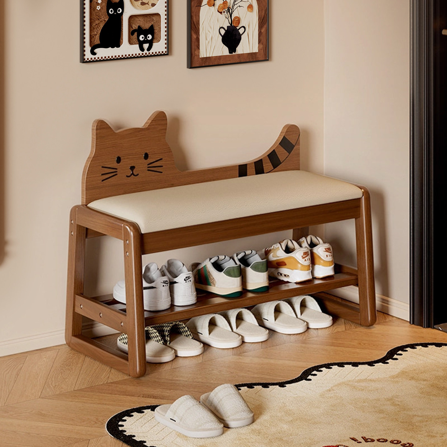 【2026新款】实木小猫换鞋凳