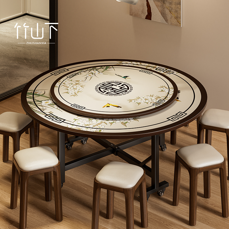 折叠桌子餐桌家用12人15人圆桌带转盘客厅聚会吃饭多功能移动饭桌