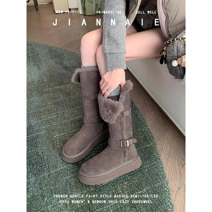 大码女鞋41-43厚底翻毛边雪地靴2025新款冬季加绒保暖长筒女靴