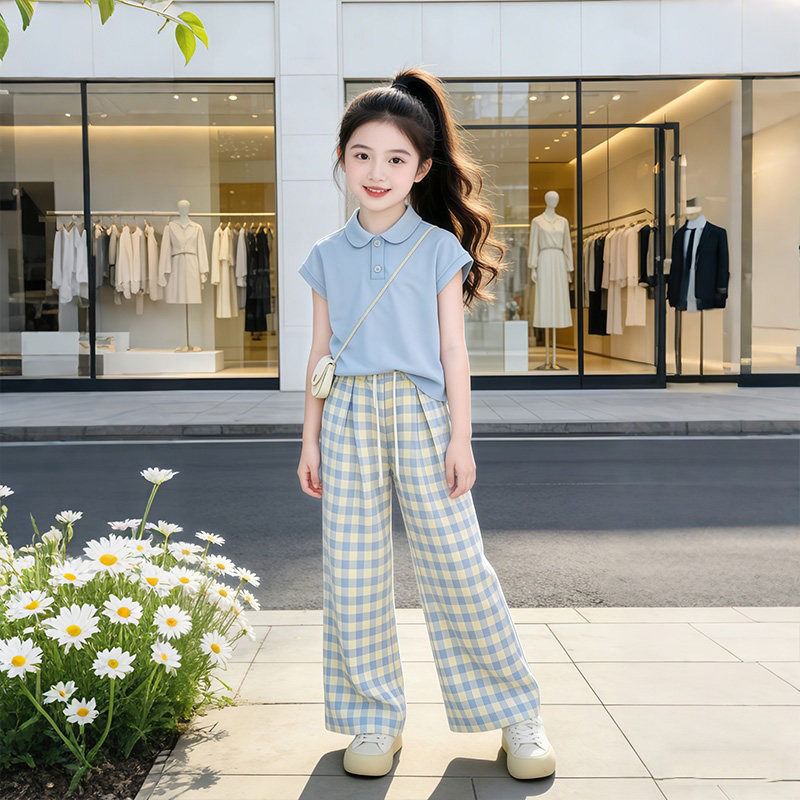 女童夏套装2026新款儿童夏季小女孩蓝色漂亮衣服女中大童短袖上衣