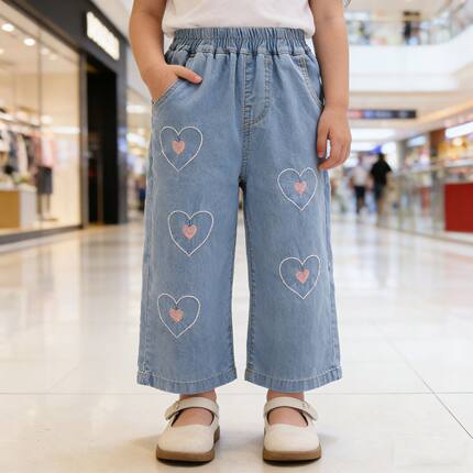 2026新女童冰丝牛仔裤夏季女孩网红刺绣爱心直筒阔腿儿童裤子薄款