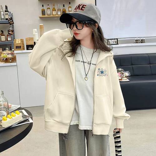 女童秋冬加绒连帽拉链卫衣外套潮