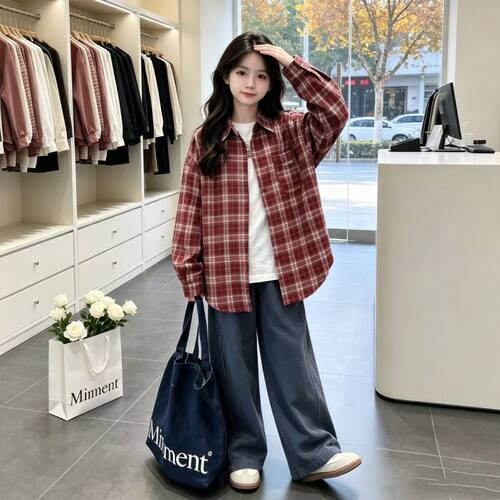 春秋季中大童女孩格子衬衣外套潮