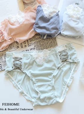 N638女士中腰螺纹冰丝复古宫廷风蕾丝女式短裤女生内裤M/L/XL