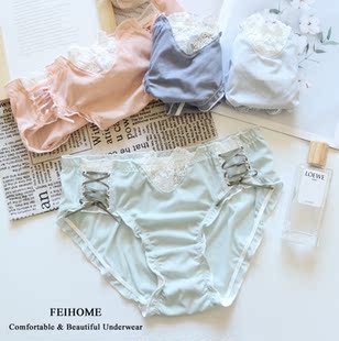 N638女士中腰螺纹冰丝复古宫廷风蕾丝女式 女生内裤 短裤