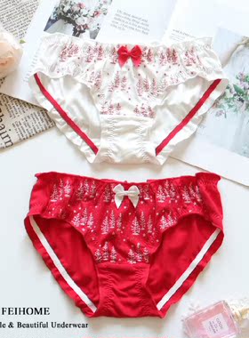 N540女士低腰纯棉圣诞新年女生内裤红色白色可做节日礼物M/L/XL