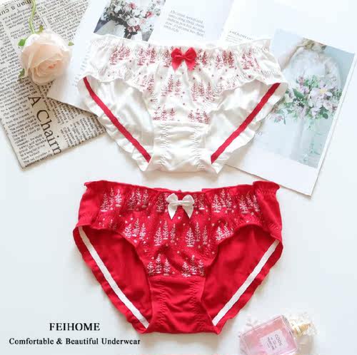 N540女士低腰纯棉圣诞新年女生内裤红色白色可做节日礼物M/L/XL