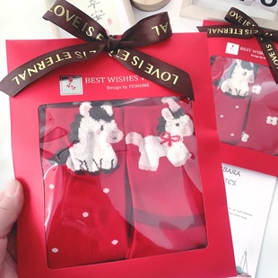 高级感礼袋装2双卡通新年马年本命年红色袜子礼盒中筒棉袜女袜