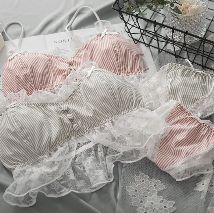 竖条纹可爱风荷叶边女生文胸套装