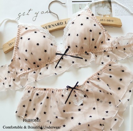 T31舒适透气雪纺纱星星文胸套装女生舒适无钢圈少女睡眠内衣薄款