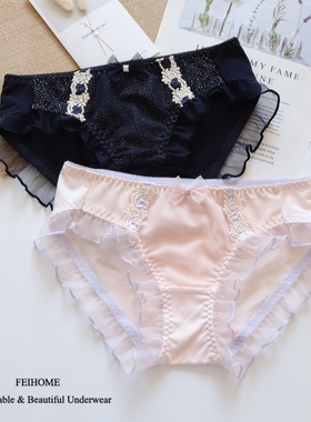 N380舒适女士中低腰纯棉蝴蝶结女生内裤藏蓝色粉色 M/L/XL