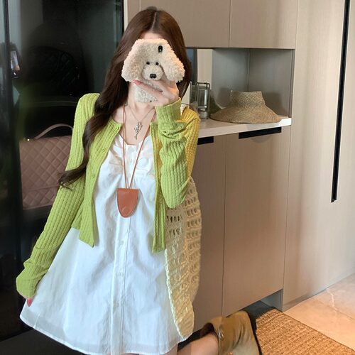 今喜加衣~白色百搭长款吊带气质简约无袖上衣+绿色显白短款小开衫