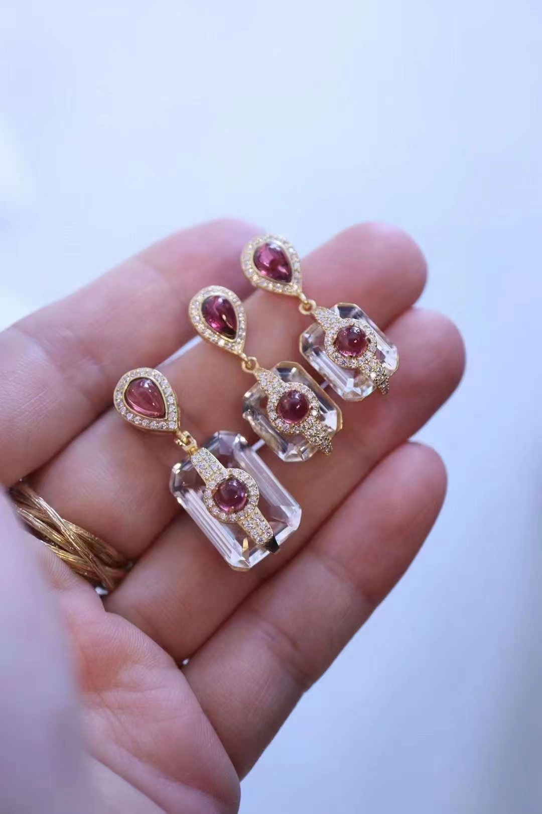 白水晶切割面耳钉吊坠套装全净体钻石切割工艺搭配石榴石