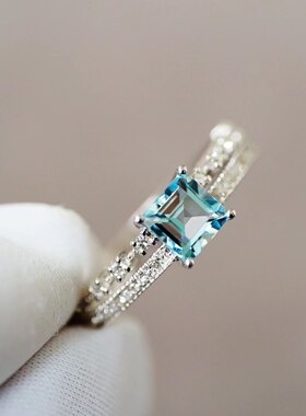 海蓝宝圣母玛利亚方形戒指湛蓝色全净体