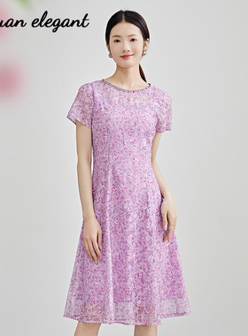 柏媛紫色钉钻高级感碎花连衣裙女2026优雅刺绣淑女裙收腰蕾丝裙子