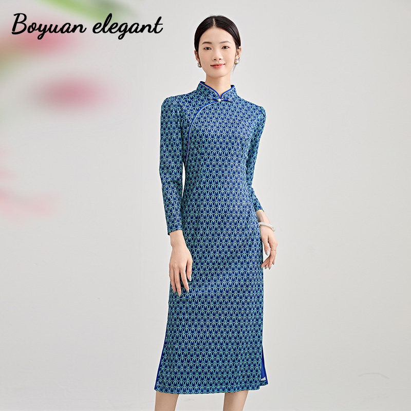 柏媛孔雀蓝新中式改良旗袍走秀日常高级复古气质长袖修身连衣裙女