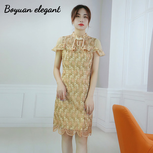 柏媛黄色改良旗袍连衣裙荷叶边新中式小飞袖复古修身镂空蕾丝裙女
