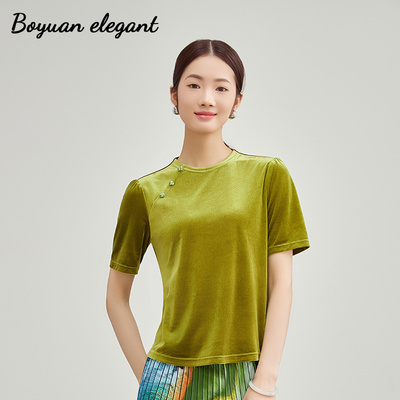新中式复古修身显瘦时尚丝绒T恤