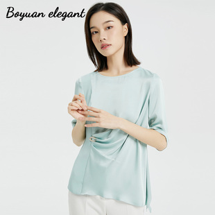 柏媛高级感圆领上衣女短袖2026不对称收腰设计感显瘦不规则雪纺衫