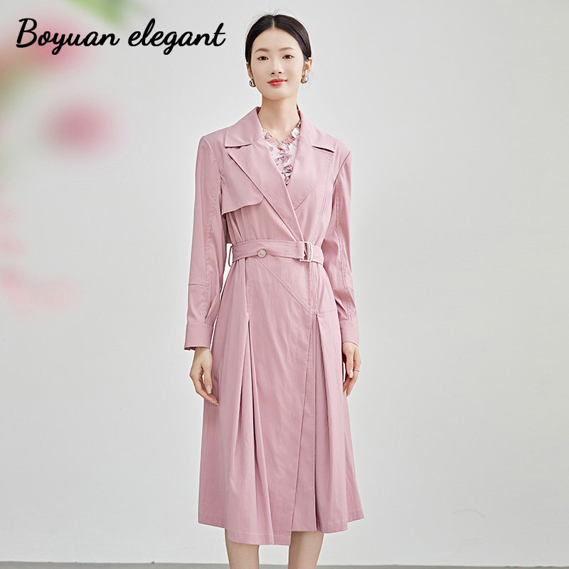 柏媛粉色高级感超好看的中长款过膝时尚气质薄款垂坠感风衣外套女