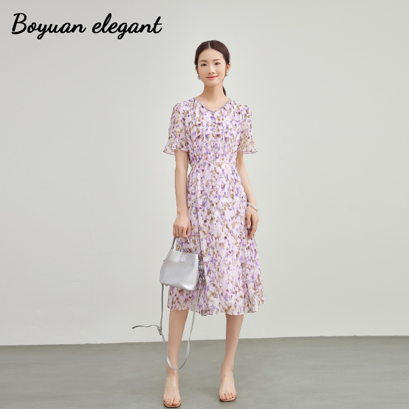 法式粉色碎花高级气质印花连衣裙