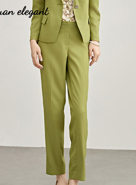 柏媛法式优雅烟管西装裤女新款绿色高级感高腰职业通勤OL直筒裤子