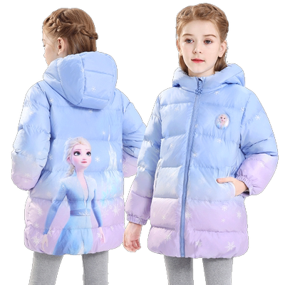 迪士尼女童羽绒服外套儿童连帽中长款宝宝冰雪爱莎保暖加厚白鸭绒