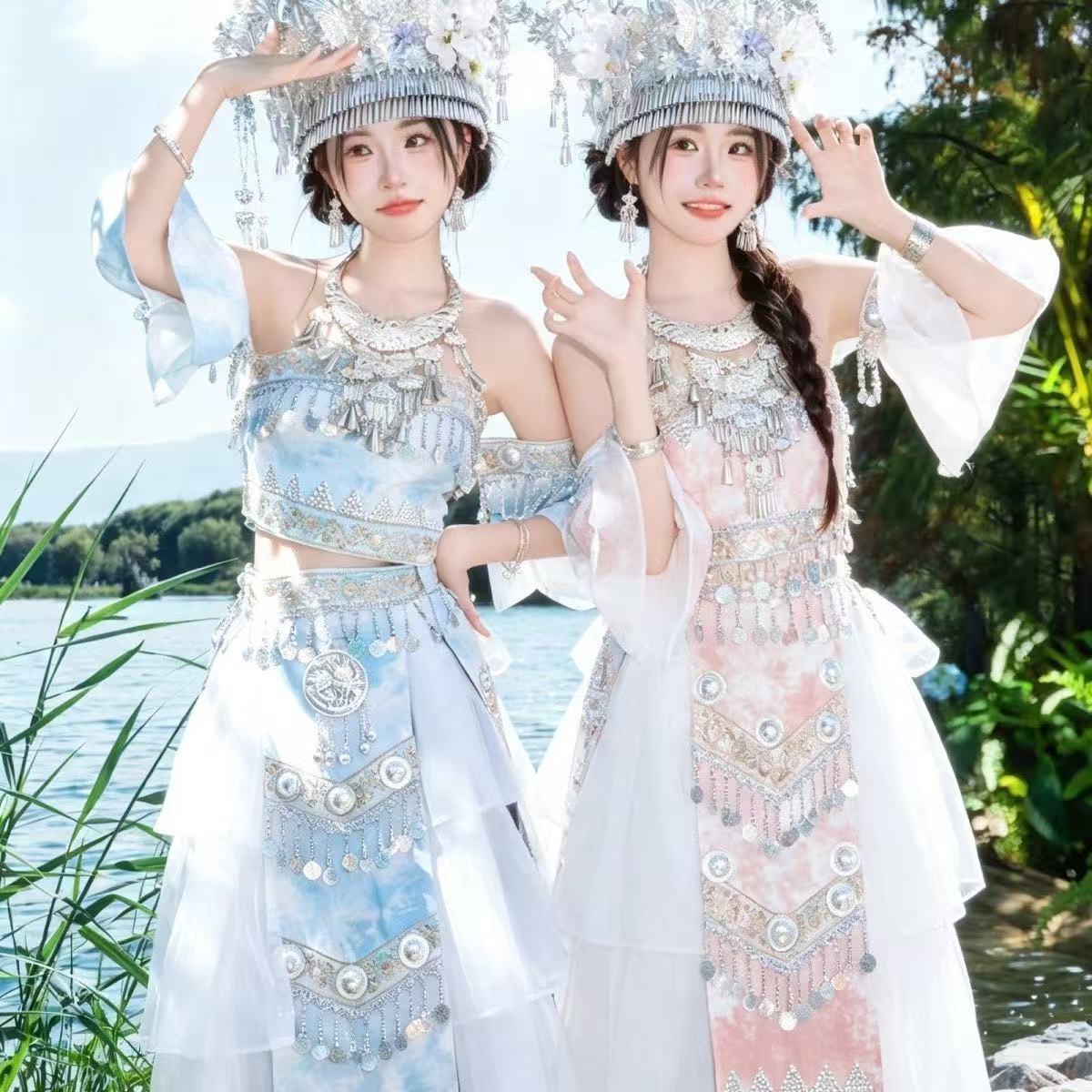 新款苗族服装女少数民族土家族苗族高端侗族白色婚礼服演出服摄影
