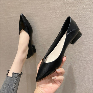 空乘工作鞋软皮黑色面试平底职业高跟鞋软底皮鞋低跟粗跟气质单鞋