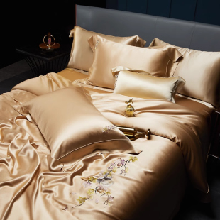 重磅真丝四件套100%双面桑蚕丝被套丝绸新中式 别墅刺绣花床品套件