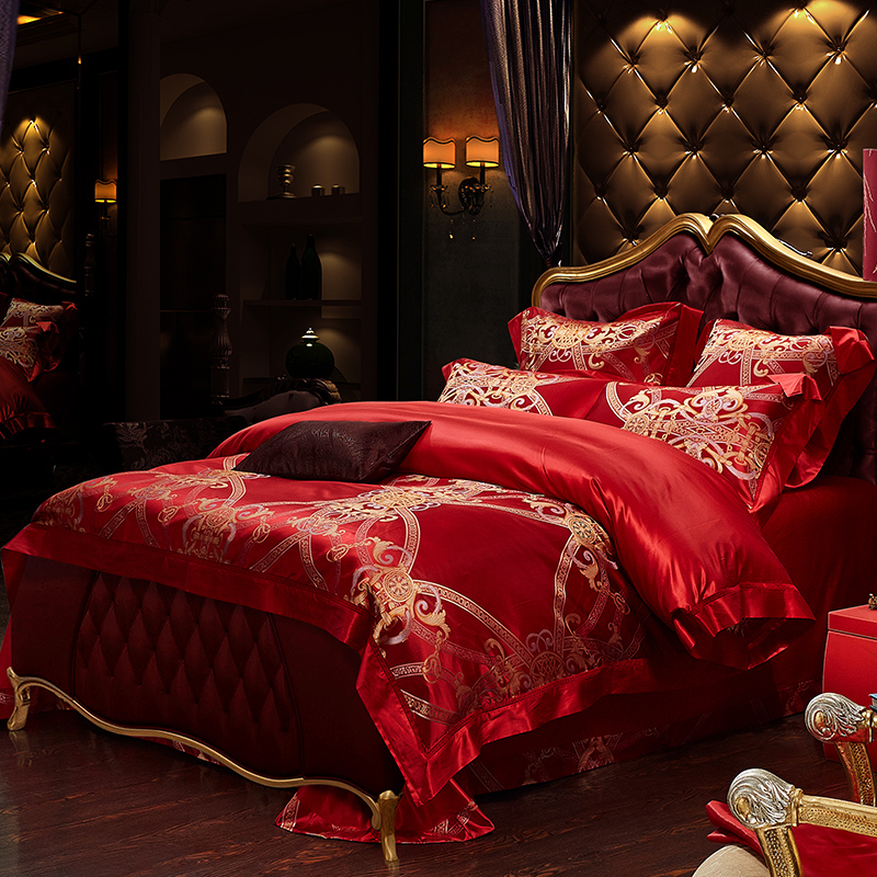 欧式真丝四件套结婚礼陪嫁大红色奢华婚庆床上用品高端桑蚕丝被套