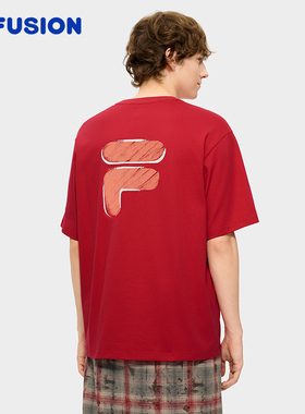 FILA FUSION斐乐潮牌情侣款针织短袖2026春新年款宽松纯棉红色T恤