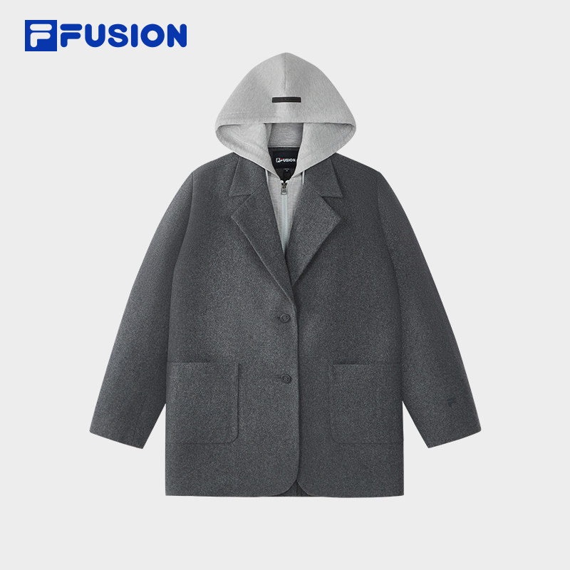 FILA FUSION斐乐潮牌呢子外套女2026春季新款假两件连帽西装外套