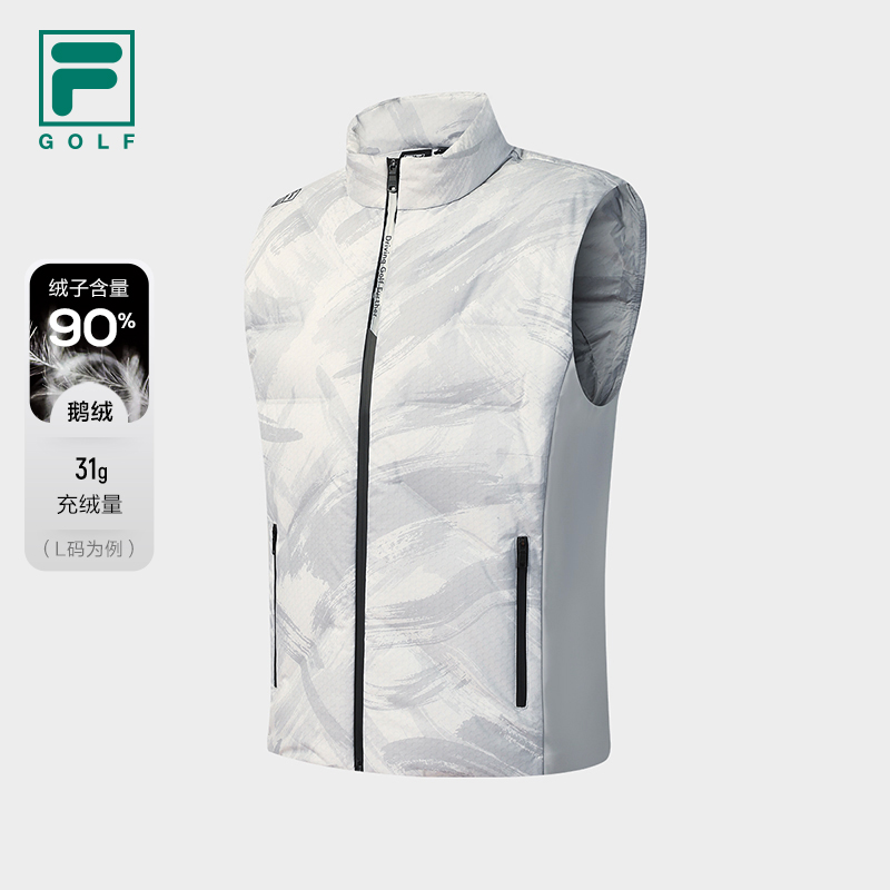 FILA 斐乐官方男士羽绒马甲2025冬季新款高尔夫运动满印保暖外套