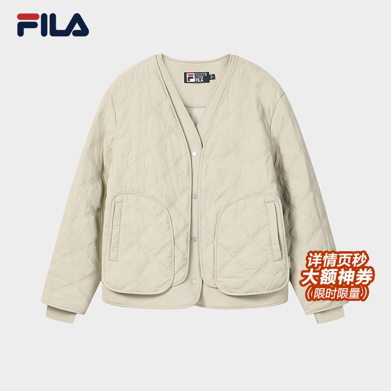 FILA 斐乐官方女士棉服2026春新款时尚休闲绗缝V领假两件保暖外套