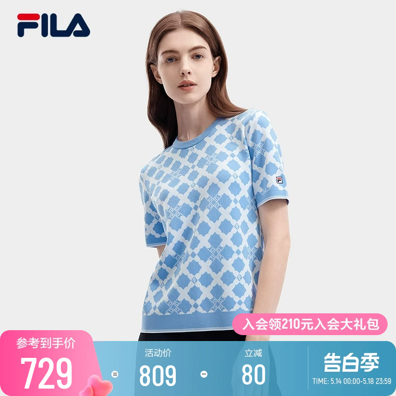 FILA 斐乐官方女子编织衫2024夏季新款时尚休闲满印基础短袖上衣