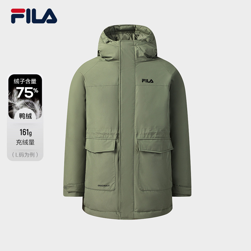 FILA 斐乐官方男士中长款羽绒服2025冬新款时尚休闲宽松连帽外套