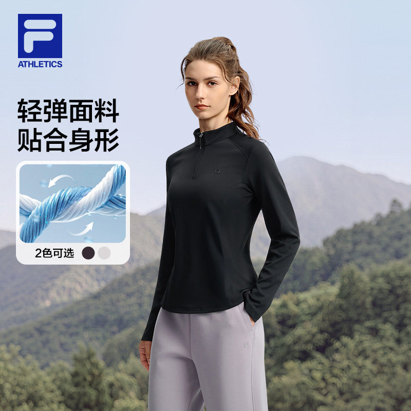 斐乐健身服丨FILA针织长袖T恤26秋款女士收腰显瘦薄背加绒运动衣