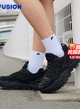 FILA 斐乐硬糖男鞋黑武士厚底增高男士通勤运动鞋纯黑色老爹鞋