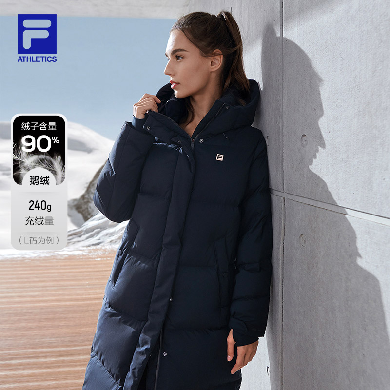 FILA斐乐羽绒服女冬新款健身运动加厚保暖上衣长款鹅绒服连帽外套