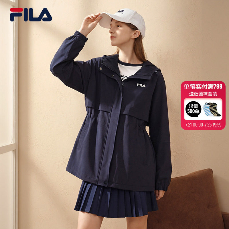 FILA斐乐风衣女中长款2026秋季新款黑色风衣女小个子收腰运动外套