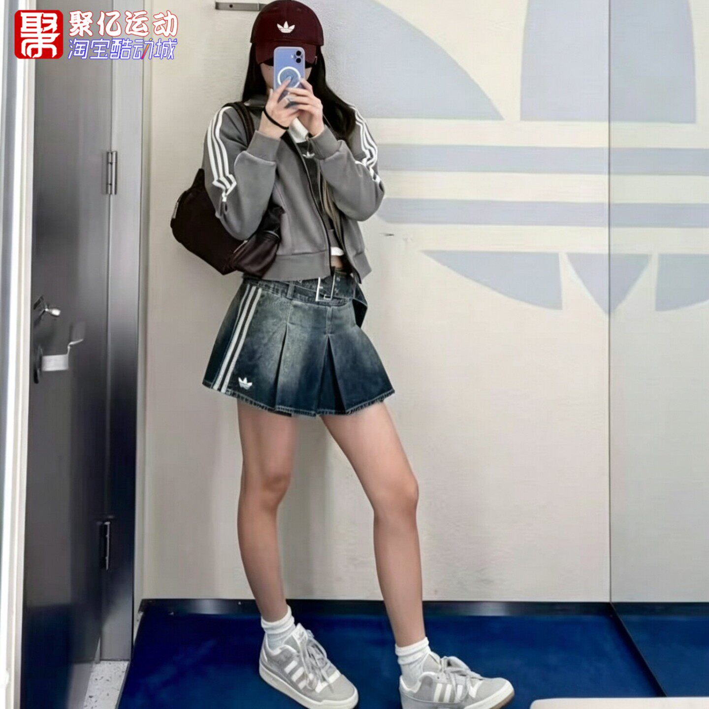 阿迪达斯三叶草女子2026秋复古辣妹牛仔百褶裙半身裙 KX3049 3050