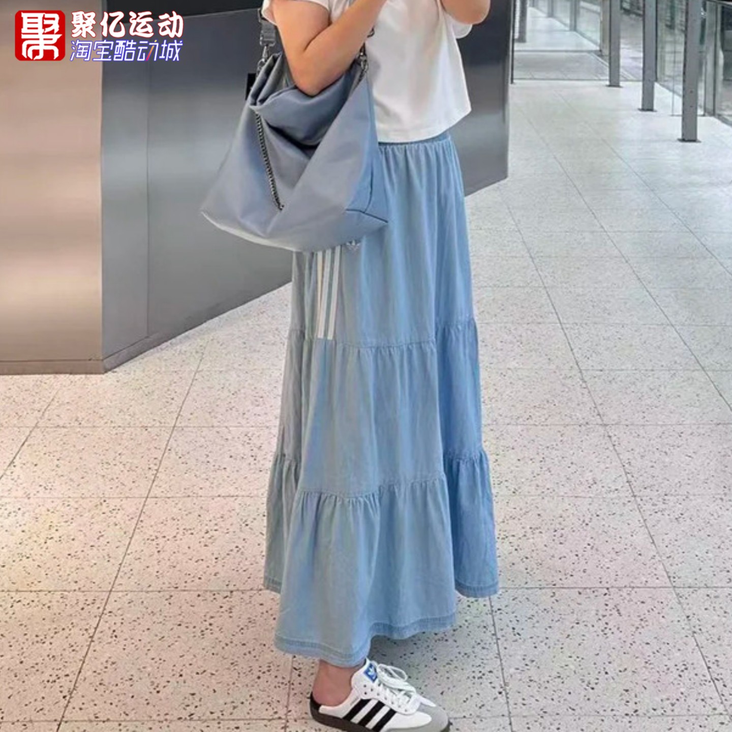 阿迪达斯三叶草清新荷叶边半身裙