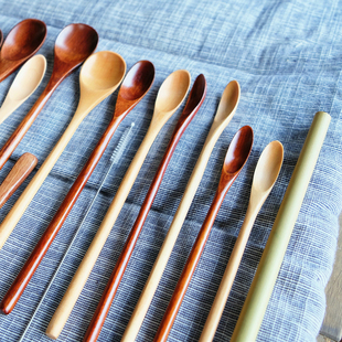 原木色绑线木勺子 复古细长柄咖啡搅拌勺 创意宽大口宝宝吃饭调羹