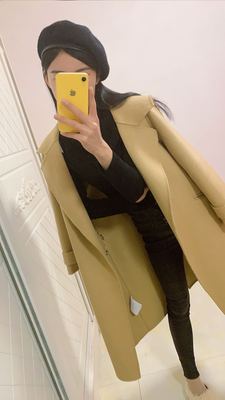 卡其色海军风毛呢双面羊绒大衣