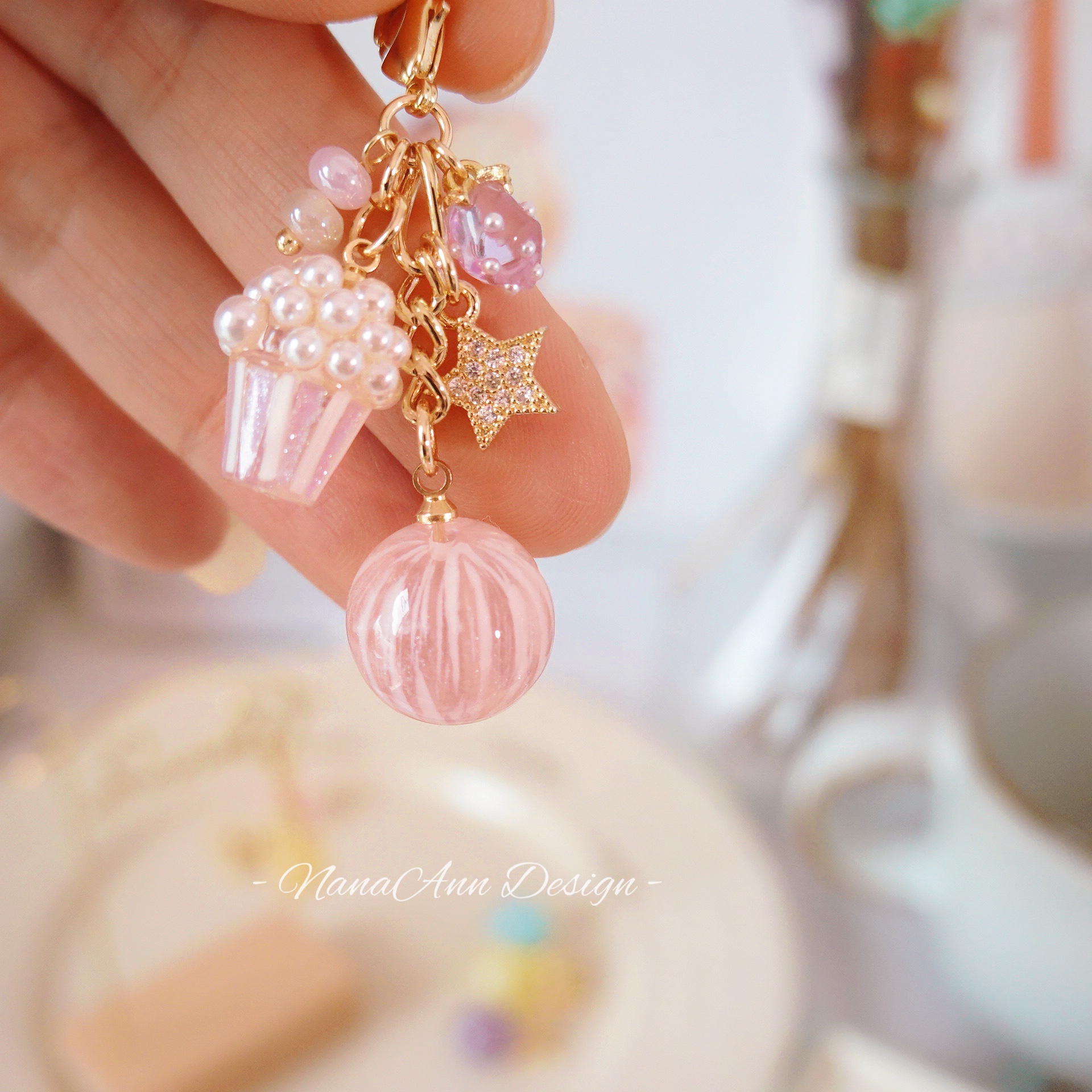 原创日本进口草莓糖果球链条挂件珠光可爱爆米花甜美手帐拉链扣头