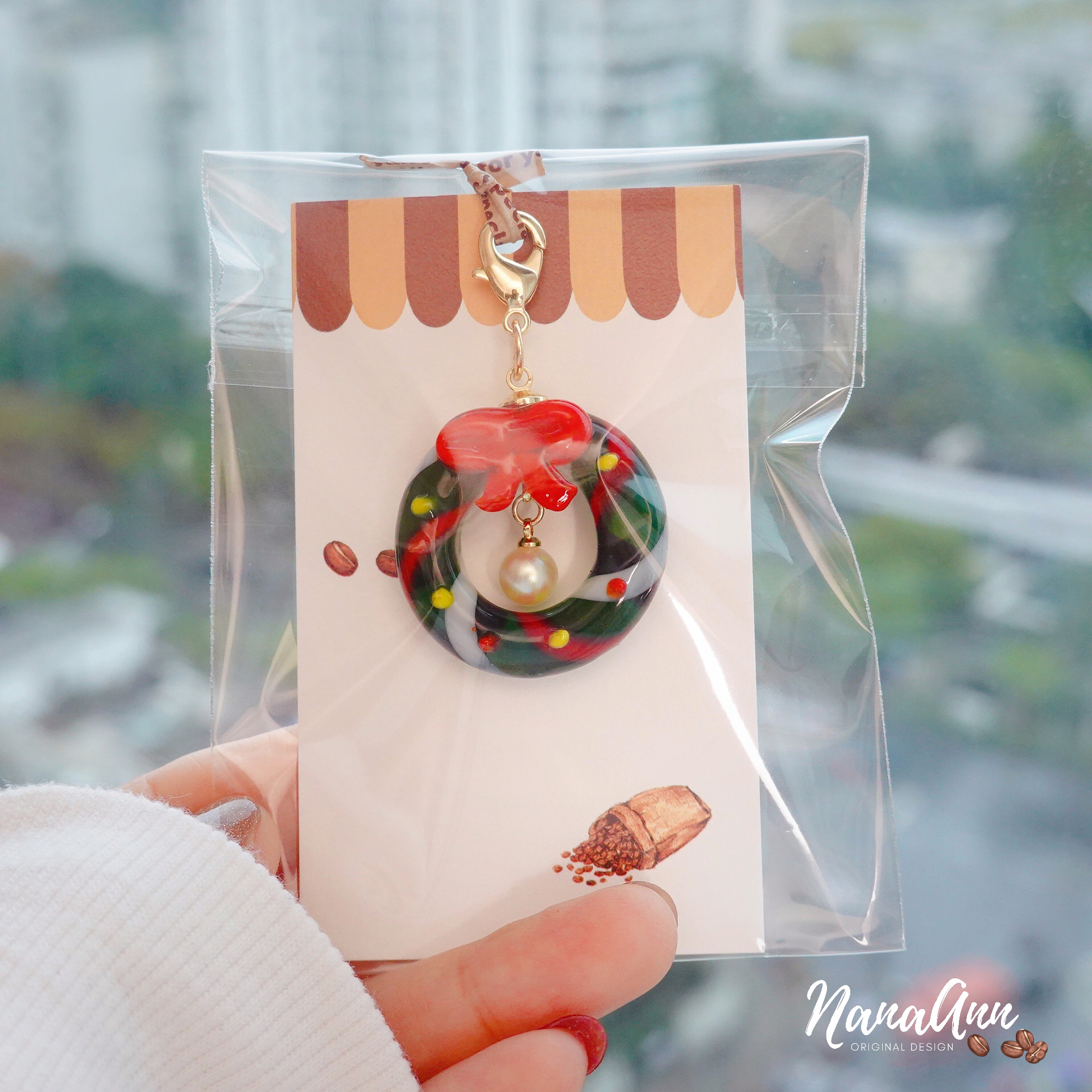 原创重工琉璃圣诞花环珍珠钥匙扣包挂件星星手帐拉链扣头挂饰礼物