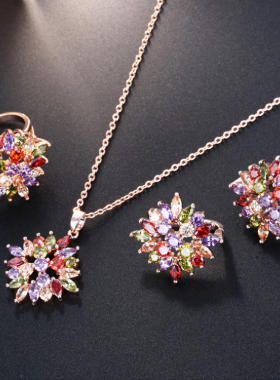 日韩国蒙娜丽莎七彩锆石戒指 百搭水晶花朵指环个性项链耳环套装